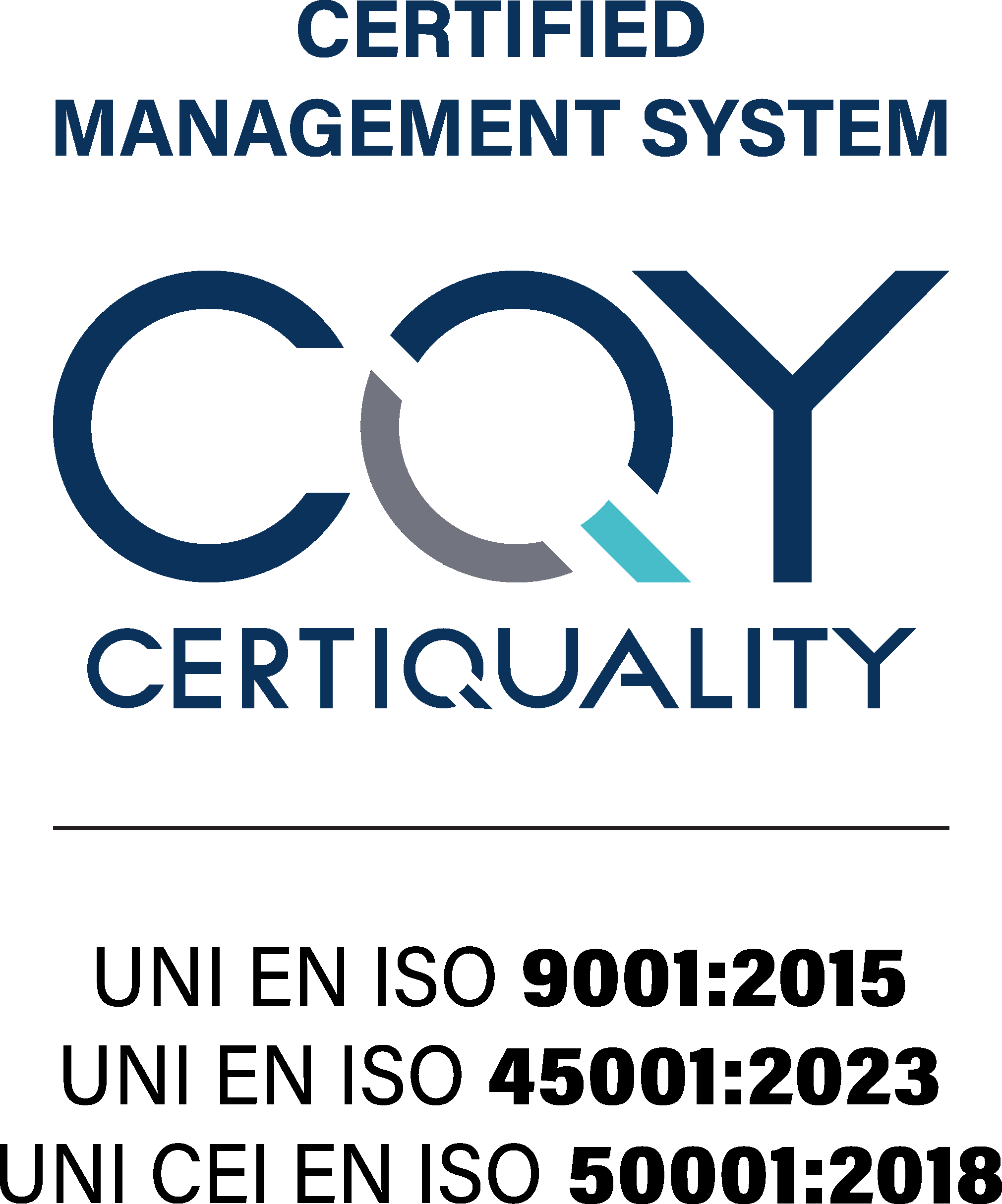 Certified Management System - CERTIQUALITY - UNI EN ISO 9001:2015 UNI EN ISO 45001:2023 UNI CEI EN ISO 50001:2018